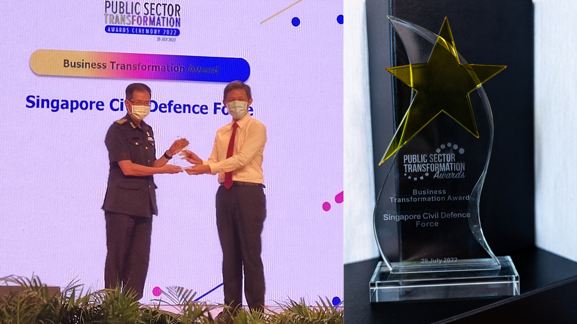 Mr Chan Chun Sing (right), Minister for Education and Minister-in-charge of the Public Service, presenting the Business Transformation Award to Commissioner Eric Yap (left)