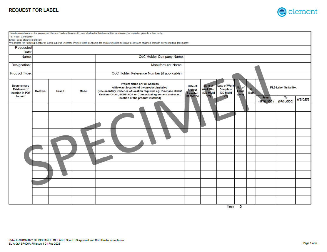 ETS LABEL REQUEST
