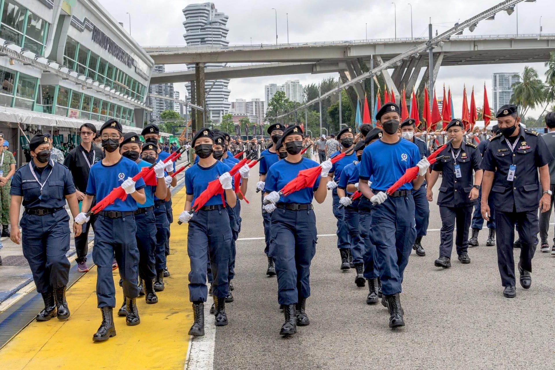 CPL (NCDCC) A’zizy (fourth cadet in the extreme right) marching with pride during a rehearsal; SWO1 Hayatu’llah (extreme right) was the trainer for the NCDCC contingent