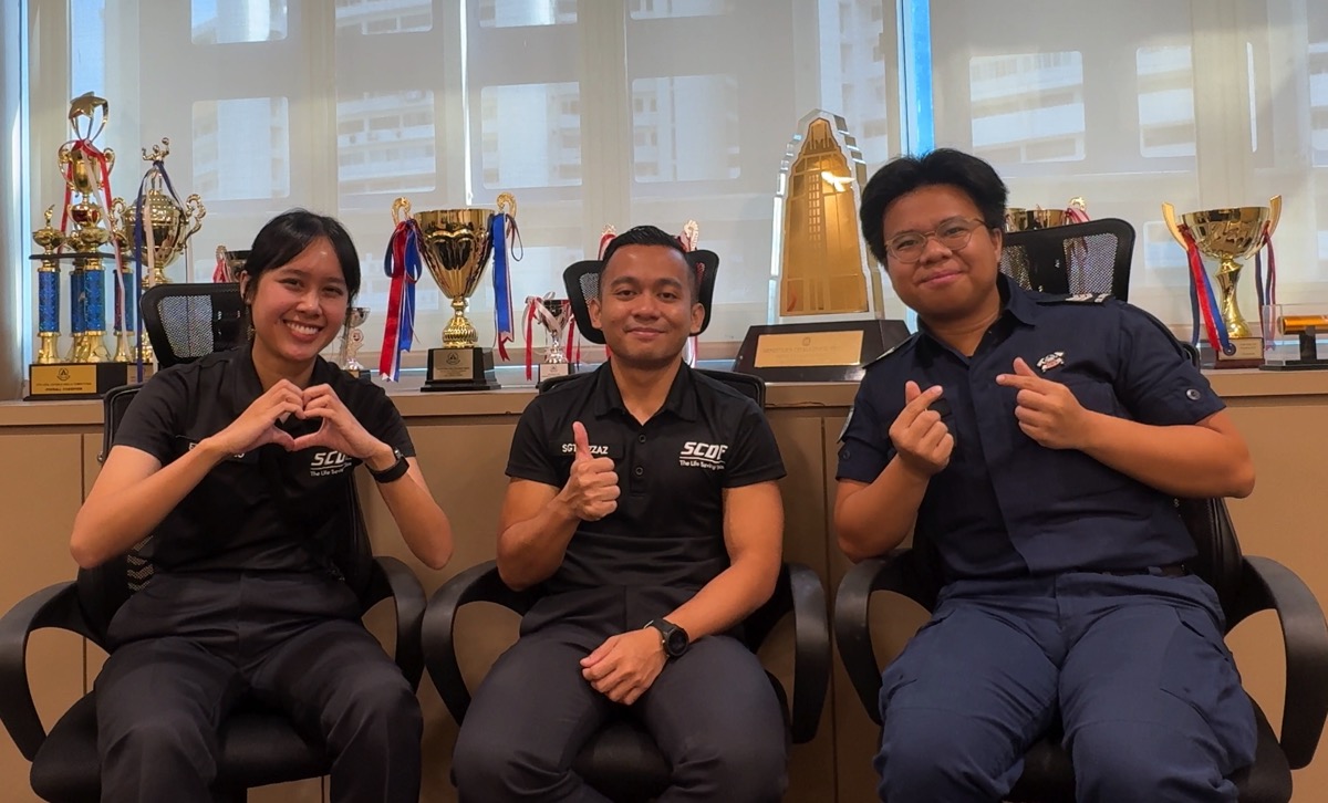 [From left to right] SGT2 Elisha Teo, SGT3 Izzaz Luqman and SGT1 Vernon Lee at Alexandra Fire Station (JPG)